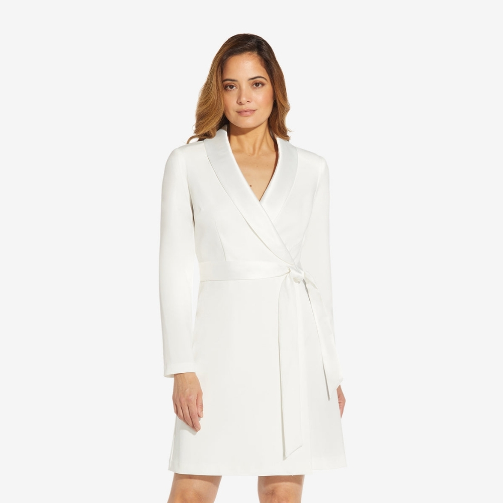 ADRIANNA PAPELL SATIN COLLAR TUXEDO DRESS IN IVORY, SIZE 2